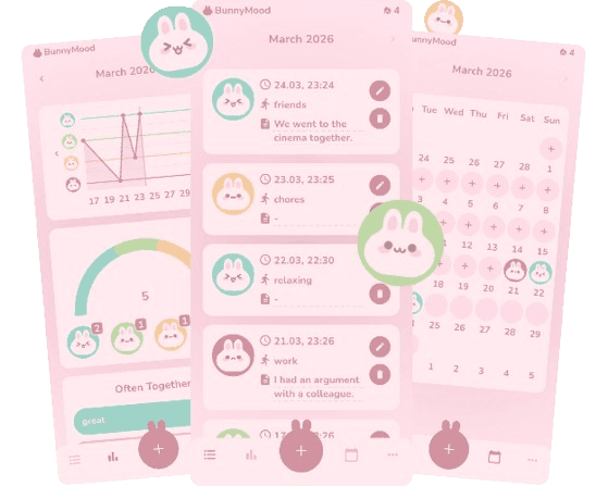 BunnyMood app preview showing mood tracking calendar and charts